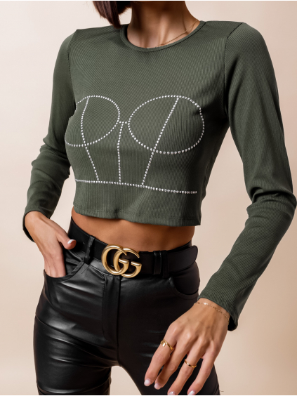 Khaki crop top AFRA s kamínky (Veľkosť ONESIZE)