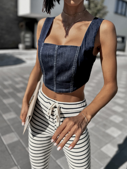 Tmavě modrý denim crop top VEGASI (Veľkosť ONESIZE)