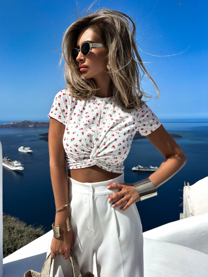 Bílý květinový crop top MARWIN (Veľkosť ONESIZE)