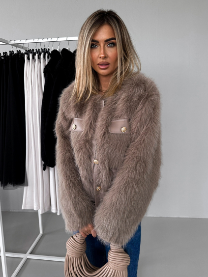 Hnědý krátký faux fur kožešinový kabátek GRISELDA (Veľkosť M/L)