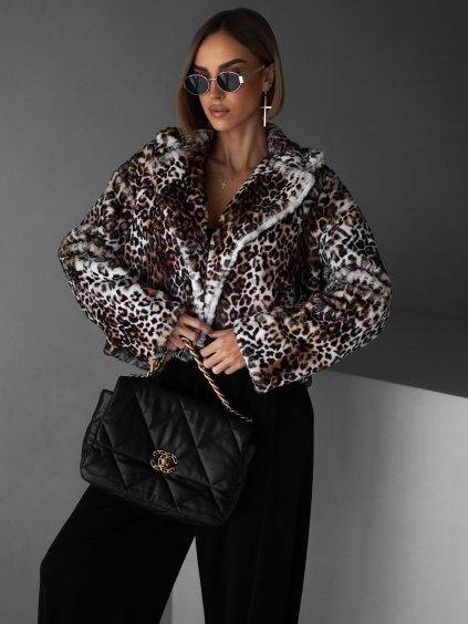 Leopardí faux fur kožešinový krátký kabátek NIALLY (Veľkosť ONESIZE)