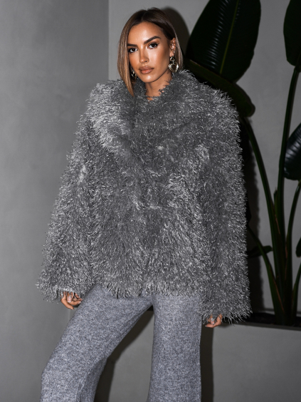 Šedý faux fur kožešinový kabátek HIENO (Veľkosť ONESIZE)